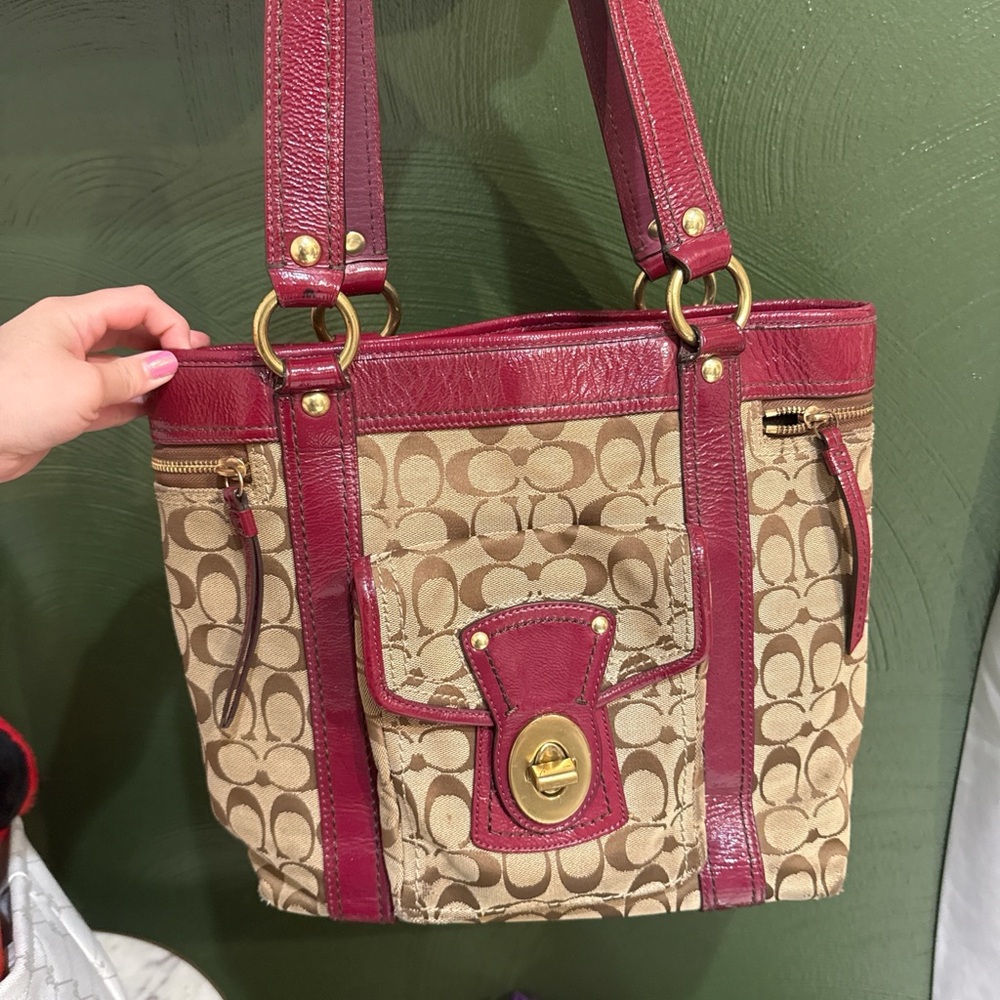 Coach Beige Signature Canvas Tote with Burgundy Trim